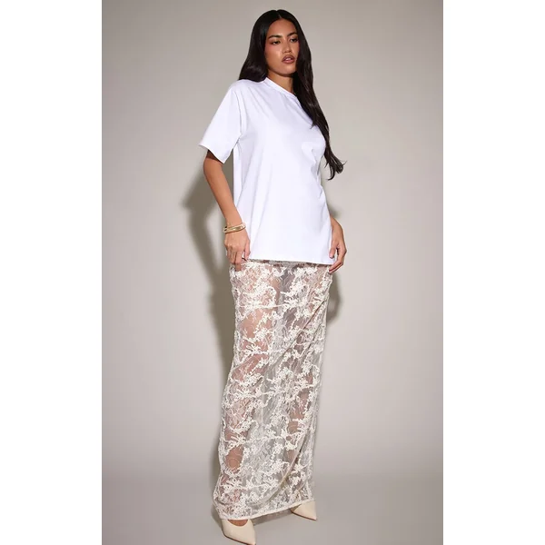 Crème Jupe Longue Transparente En Dentelle Et Sequins