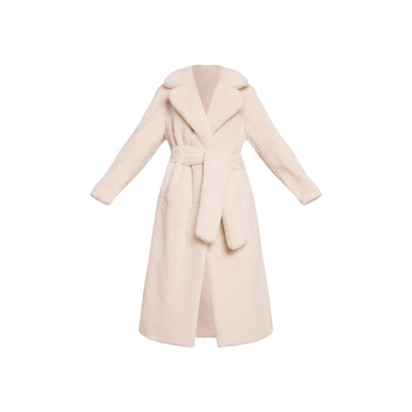 Crème Manteau Long En Synthétique Avec Ceinture À Nouer