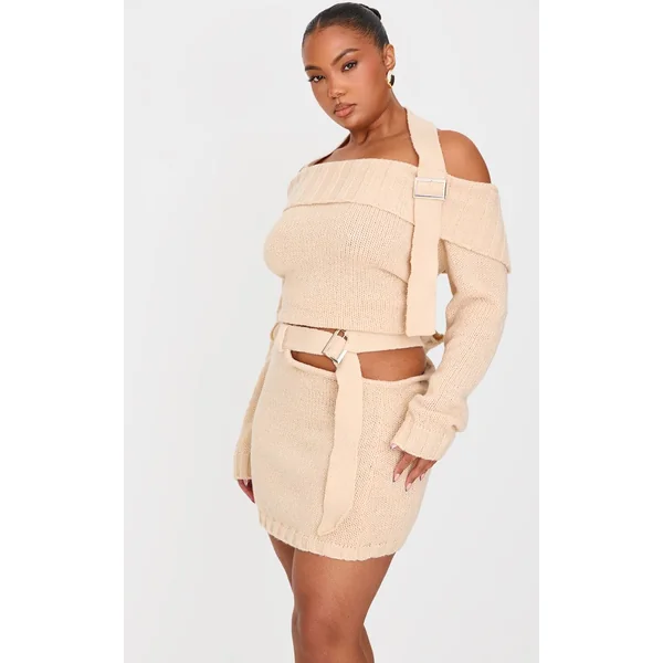 Crème Mini-jupe Grande Taille En Maille Avec Découpes Et Détail Boucle