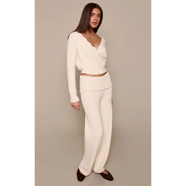 Crème Pantalon Large En Maille À Taille Repliable Et Ourlet Au Crochet
