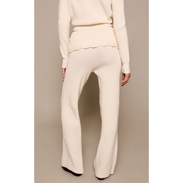 Crème Pantalon Large En Maille À Taille Repliable Et Ourlet Au Crochet