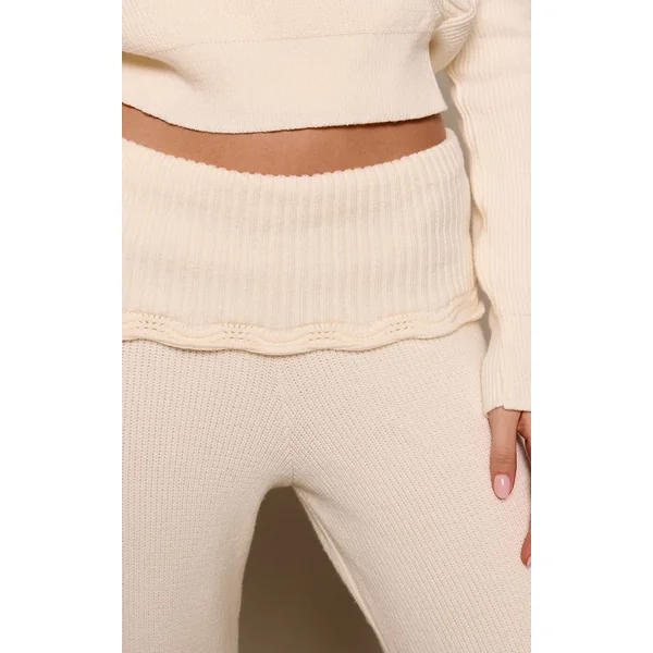 Crème Pantalon Large En Maille À Taille Repliable Et Ourlet Au Crochet