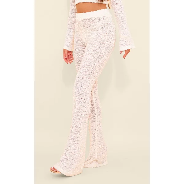 Crème Pantalon Évasé En Maille À Pompons