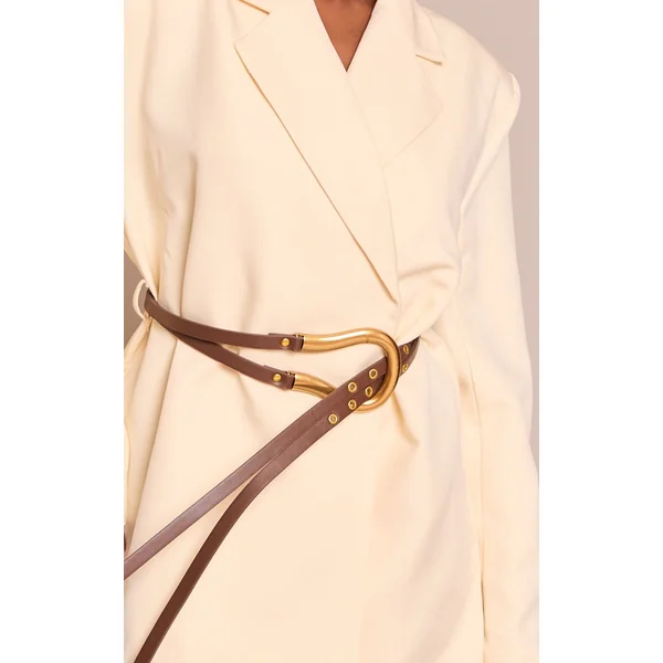 Crème Robe Blazer Ceinturée En Tissu Tissé