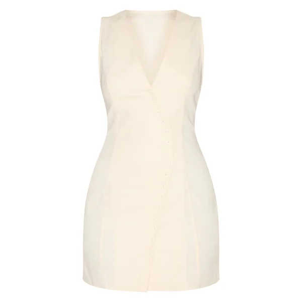 Crème Robe Droite Asymétrique Boutonnée