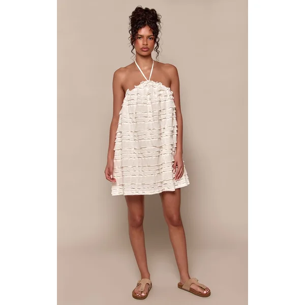 Crème Robe Droite Texturée À Volants Étagés Et Col Licou