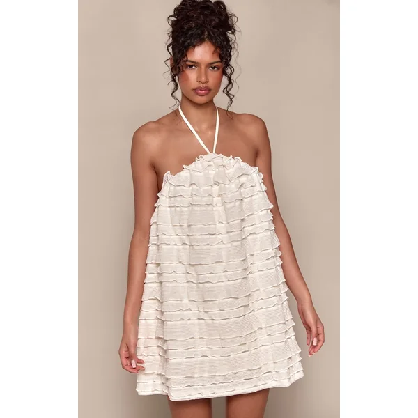 Crème Robe Droite Texturée À Volants Étagés Et Col Licou