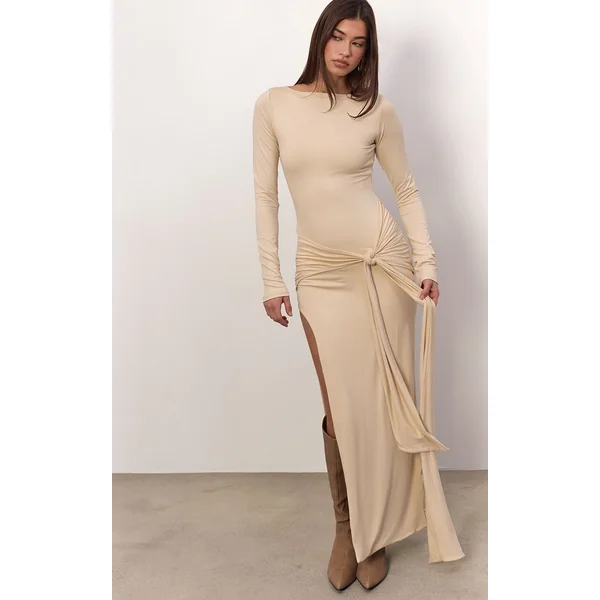 Crème Robe Longue Drapée À Encolure Bateau En Tissu Doux Au Toucher