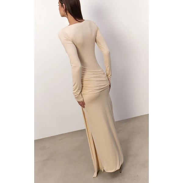 Crème Robe Longue Drapée À Encolure Bateau En Tissu Doux Au Toucher