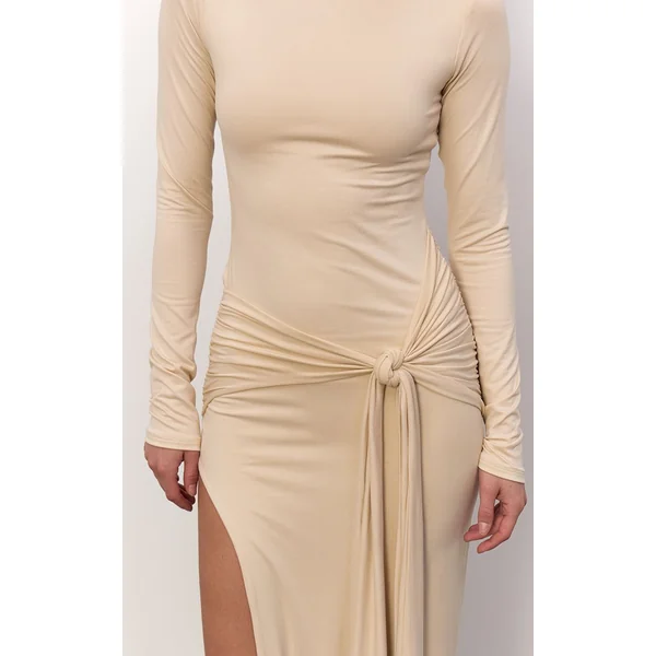 Crème Robe Longue Drapée À Encolure Bateau En Tissu Doux Au Toucher
