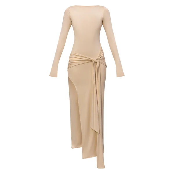 Crème Robe Longue Drapée À Encolure Bateau En Tissu Doux Au Toucher