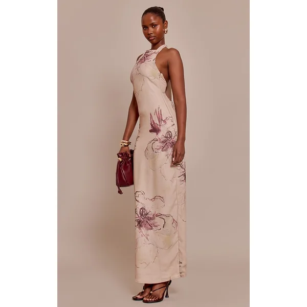 Crème Robe Longue En Mousseline Imprimée À Col Montant