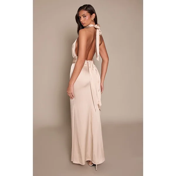 Crème Robe Longue Satinée Col Montant Avec Détail Nœud