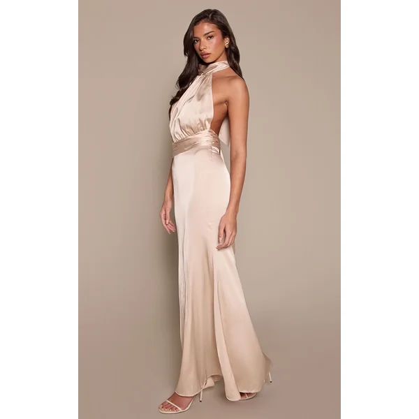 Crème Robe Longue Satinée Col Montant Avec Détail Nœud