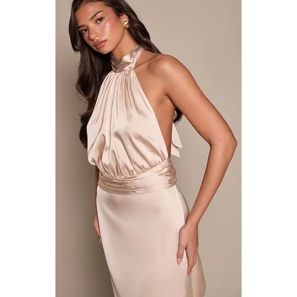 Crème Robe Longue Satinée Col Montant Avec Détail Nœud