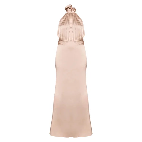 Crème Robe Longue Satinée Col Montant Avec Détail Nœud