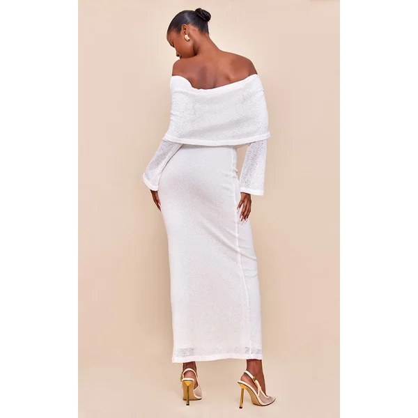 Crème Robe Maxi Bardot Texturée À Revers