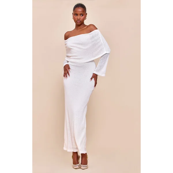 Crème Robe Maxi Bardot Texturée À Revers