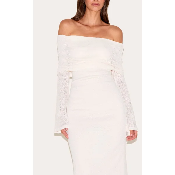 Crème Robe Maxi Bardot Texturée À Revers