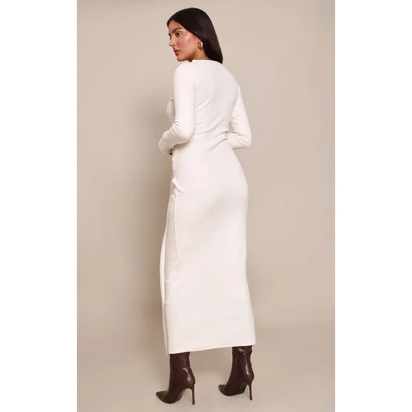 Crème Robe Maxi Portefeuille À Côtes Brossées Épaisses Avec Lien