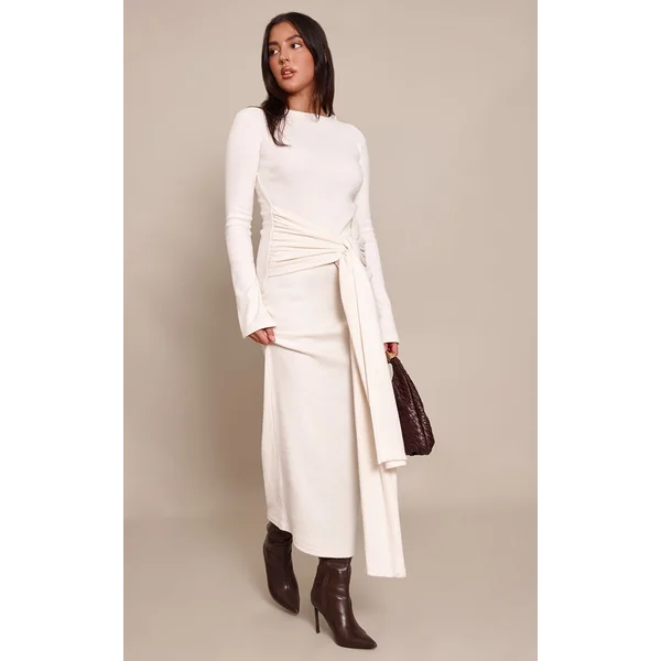 Crème Robe Maxi Portefeuille À Côtes Brossées Épaisses Avec Lien