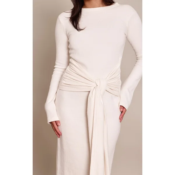 Crème Robe Maxi Portefeuille À Côtes Brossées Épaisses Avec Lien