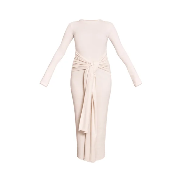 Crème Robe Maxi Portefeuille À Côtes Brossées Épaisses Avec Lien