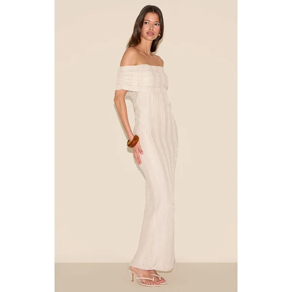 Crème Robe Maxi Texturée À Col Bardot
