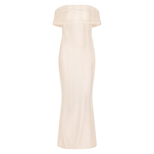 Crème Robe Maxi Texturée À Col Bardot