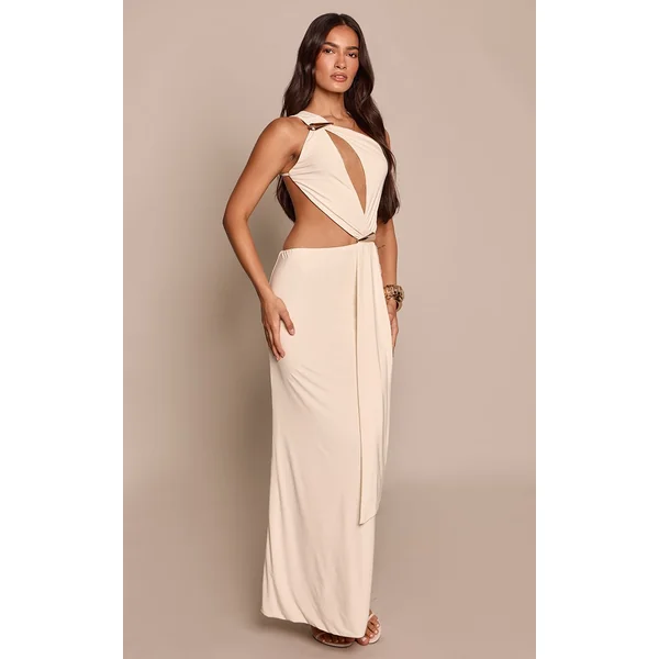 Crème Robe Maxi À Double Couche Avec Détail De Bordure