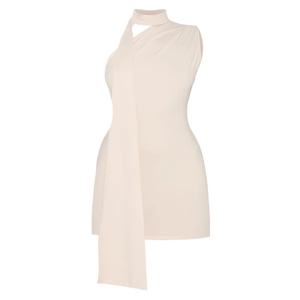 Crème Robe Mini Asymétrique Drapée Une Épaule En Tissu Doux Au Toucher
