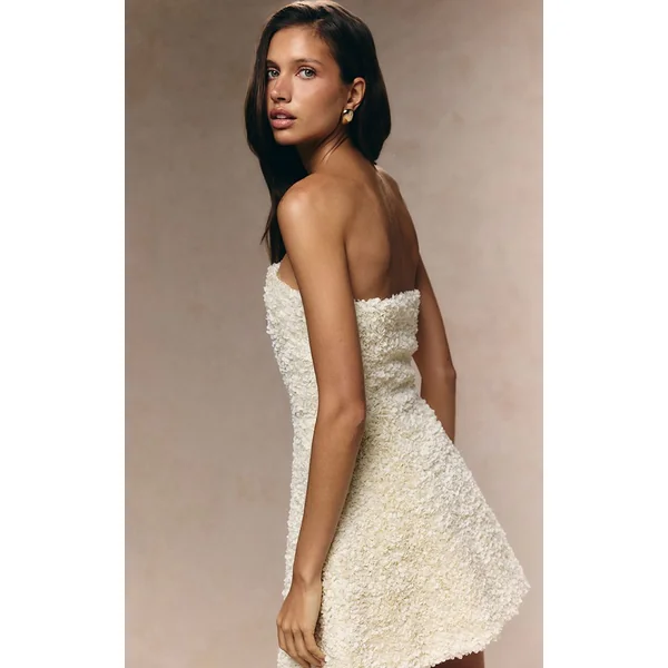 Crème Robe Mini Bandeau Texturée À Motif Floral