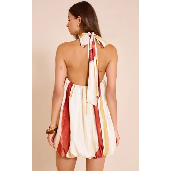 Crème Robe Mini Bouffante Imprimée À Col Licou