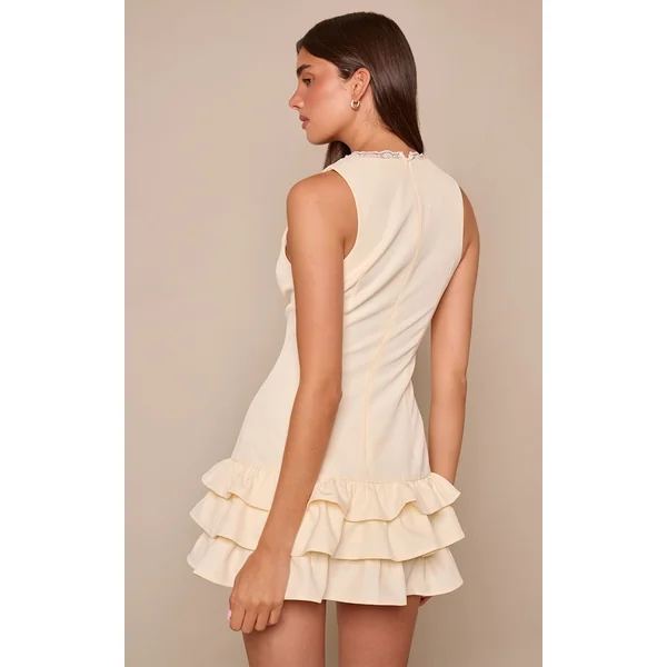 Crème Robe Mini Boutonnée En Tissu Tissé