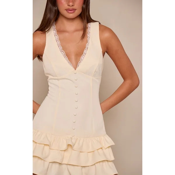 Crème Robe Mini Boutonnée En Tissu Tissé