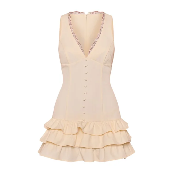 Crème Robe Mini Boutonnée En Tissu Tissé