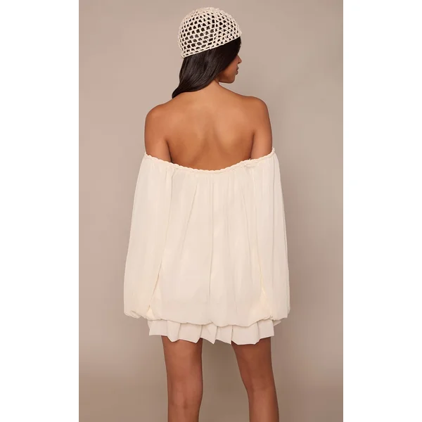 Crème Robe Mini Fluide Bardot En Mousseline Avec Détail Torsadé