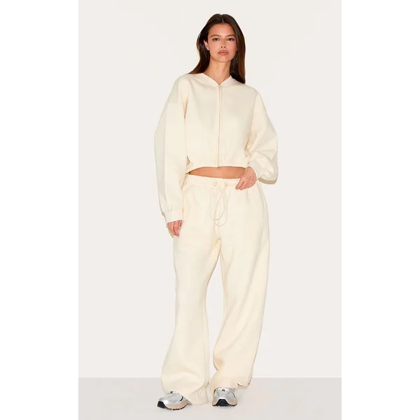 Crème Sweat-shirt Court Zippé Avec Cordon De Serrage À La Taille