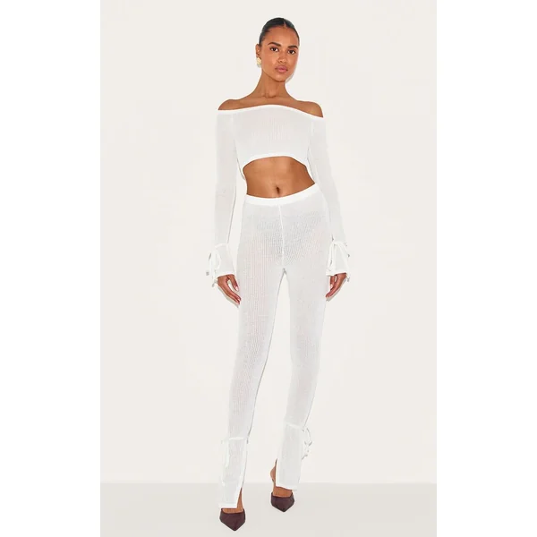 Crème Top Court Bardot À Manches Longues En Maille Côtelée Souple Transparente