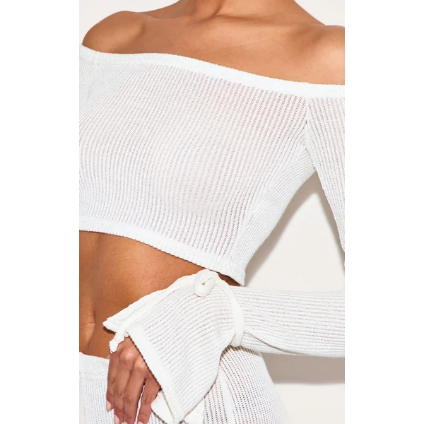 Crème Top Court Bardot À Manches Longues En Maille Côtelée Souple Transparente