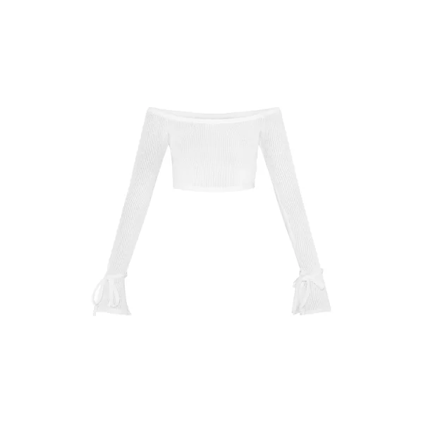 Crème Top Court Bardot À Manches Longues En Maille Côtelée Souple Transparente