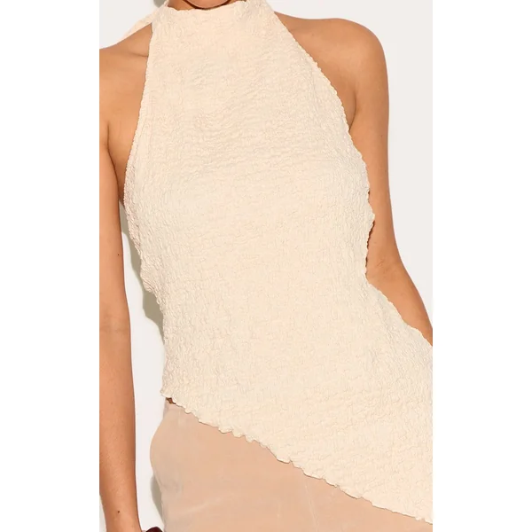Crème Top Long Texturé À Col Montant Avec Ourlet Asymétrique