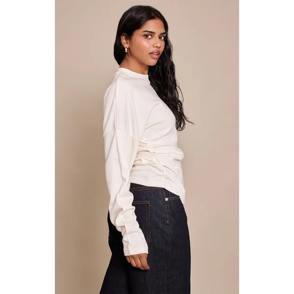 Crème Top Petite À Manches Longues Avec Taille Froncée