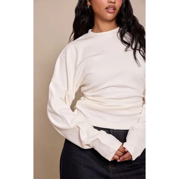 Crème Top Petite À Manches Longues Avec Taille Froncée