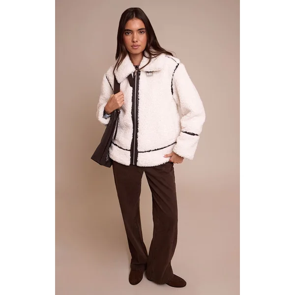 Crème Veste Aviateur Noire À Empiècements En Synthétique
