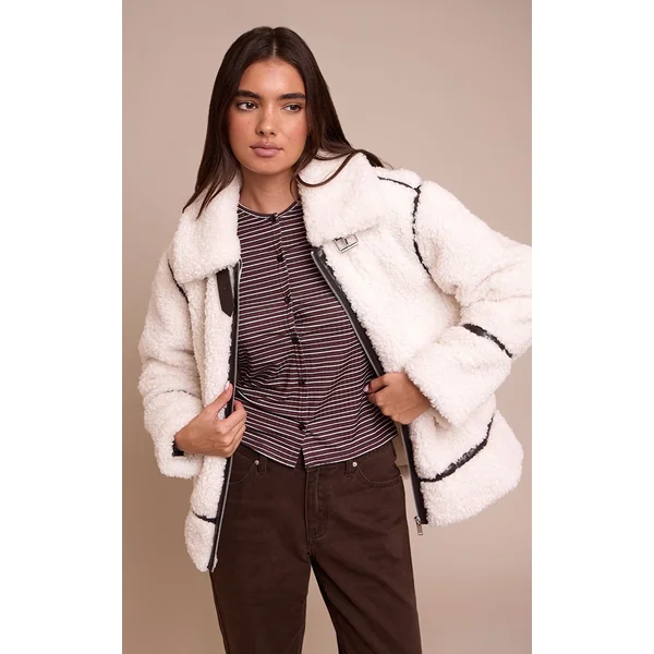 Crème Veste Aviateur Noire À Empiècements En Synthétique