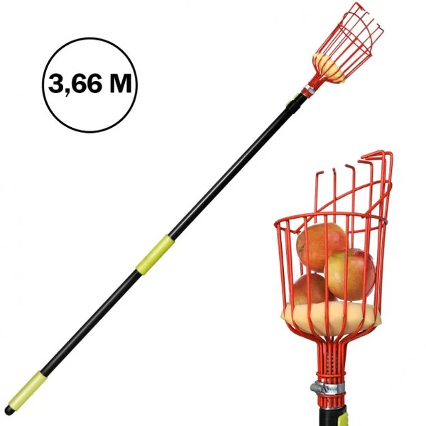 Cueilleur de Fruit Réglable de 145 cm-366 cm Ultra Léger Manche Télescopique Panier Pivotant en Aluminium et Fer Noir