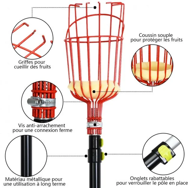 Cueilleur de Fruit Réglable de 145 cm-366 cm Ultra Léger Manche Télescopique Panier Pivotant en Aluminium et Fer Noir