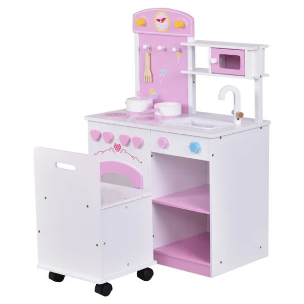 Cuisine 2 en 1 en Bois pour Enfant 3+ ans Jeu de Cuisine enfants en pin Jeu Éducatif, rose et blanc, 60*33*90 cm