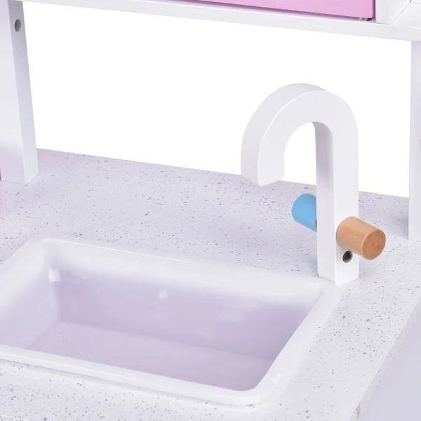 Cuisine 2 en 1 en Bois pour Enfant 3+ ans Jeu de Cuisine enfants en pin Jeu Éducatif, rose et blanc, 60*33*90 cm